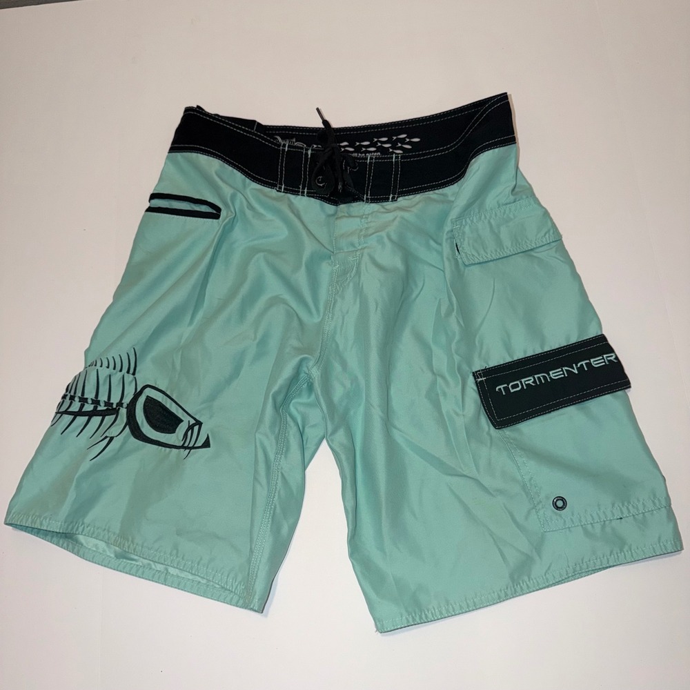 Tormenter Mens Board Shorts Size 32 Seafoam Green Fish‎ Skeleton Cargo Pockets